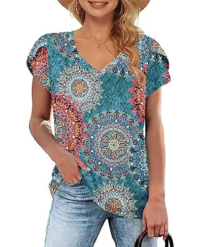 Produktbild: WNEEDU T-Shirt Damen Sommer V Ausschnitt Kurzarm T Shirts Tops Basic Oberteile Druck Grün S