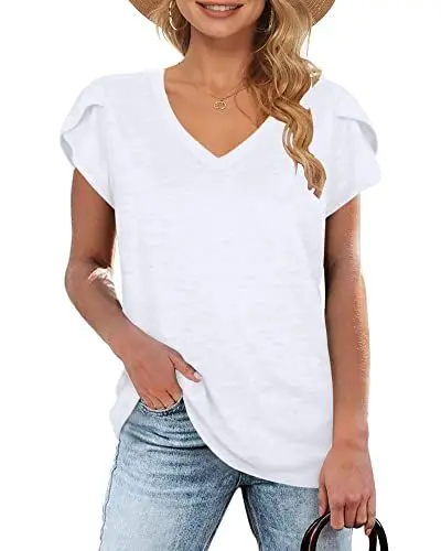 Produktbild: WNEEDU T-Shirt Damen Sommer V Ausschnitt Kurzarm T Shirts Tops Basic Oberteile Weiß XXL