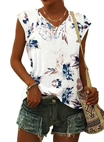 Produktbild: WNEEDU T-Shirt Damen Sommer V Ausschnitt Tank Top Locker Bluse Oberteile Top Sommer Damen Leicht und Luftig mit Flügelärmeln
