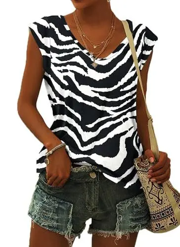 Produktbild: WNEEDU T-Shirt Damen Sommer V Ausschnitt Tank Top Locker Bluse Oberteile Top Sommer Damen Leicht und Luftig mit Flügelärmeln Zebra Streifen M