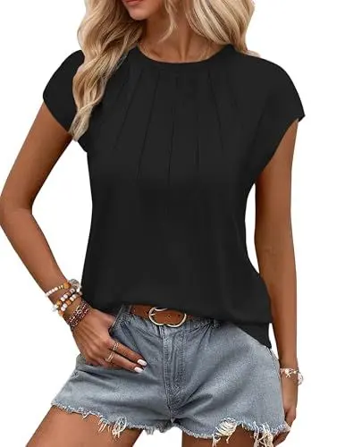 Produktbild: WNEEDU Tank Top Damen Sommer Kappenärmel T-Shirts Lässige Oberteile Elegent Rundhals Plissiertes Bluse Schwarz L