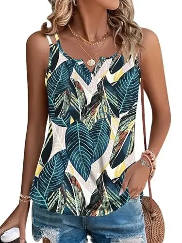 Produktbild: WNEEDU Tank Top Damen Sommer ärmellose Oberteile Spaghettiträger Blusentop Cami Shirt V Ausschnitt sexy Blatt Druck XL