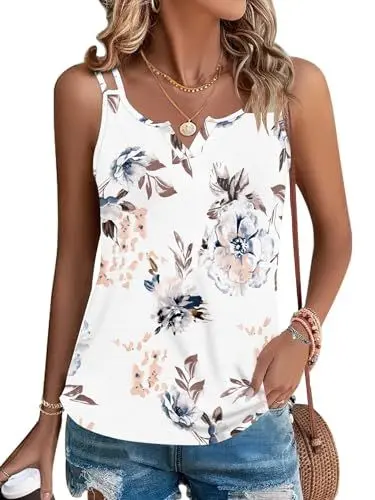 Produktbild: WNEEDU Tank Top Damen Sommer ärmellose Oberteile Spaghettiträger Blusentop Cami Shirt V Ausschnitt sexy Weiße Blume M