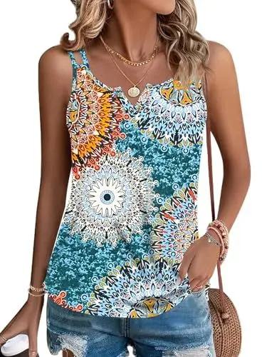 Produktbild: WNEEDU Tank Top Damen Sommer ärmellose Oberteile Spaghettiträger Blusentop Cami Shirt V Ausschnitt sexy Grün drucken L