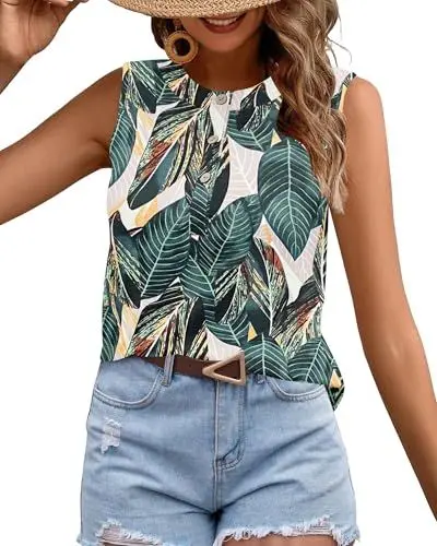 Produktbild: WNEEDU Tank Tops Damen Ärmellos Sommer Tshirts Slim Fit Oberteile mit Knöpfen Lässige Rundhals Tops Vest Top Bluse Shirt Blattdruck L