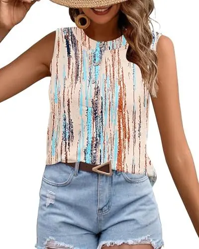 Produktbild: WNEEDU Tank Tops Damen Ärmellos Sommer Tshirts Slim Fit Oberteile mit Knöpfen Lässige Rundhals Tops Vest Top Bluse Shirt Blau-orangefarbener Streifen XL