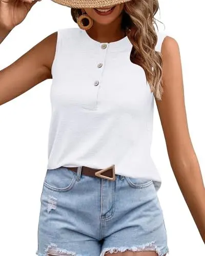 Produktbild: WNEEDU Tank Tops Damen Ärmellos Sommer Tshirts Slim Fit Oberteile mit Knöpfen Lässige Rundhals Tops Vest Top Bluse Shirt Weiß M