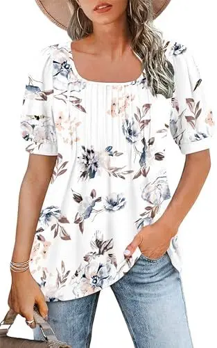 Produktbild: WNEEDU Tshirt Damen Sommer Bluse Kurzarm Quadratischem Ausschnitt Oberteile Damen Sommer Tunika T-Shirt Plissee Tops mit Puffärmel Lässige Flowy Elegant Weiße Blume XL