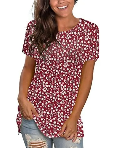 Produktbild: WNEEDU Tshirt Damen Sommer Kurzarm T-Shirt Rundhals Tops Oberteile lässig Bluse Rote Blumen L