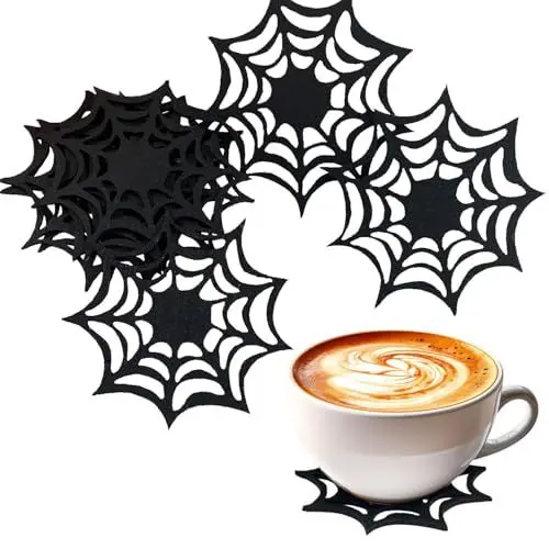 Produktbild: Wnvivi 24 Stück Filz-Untersetzer mit Spinnennetz, Halloween-Spinnennetz-Dekoration, Schwarze Spinnennetz-Getränkeuntersetzer, Halloween-Tee-Kaffee-Untersetzer für Tischdekoration