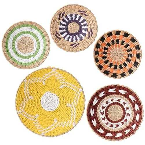 Produktbild: Wnvivi 5-teiliger Rattan-Wandkorb, Boho-Wandbehang, Geflochtener Korb, Dekorative Rattan-Teller für Wohnzimmer, Schlafzimmer, Dekoration(A1)