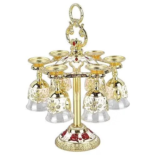 Produktbild: Wnvivi 6-teiliges Likörglas-Set mit Halter, Chinesischer Kelch, Retro-Schnapsglas aus Zinklegierung, Dekoratives Weinglas mit Geprägtem Blumenmuster für Party, Bankett, Bar, Familie(Weiß)
