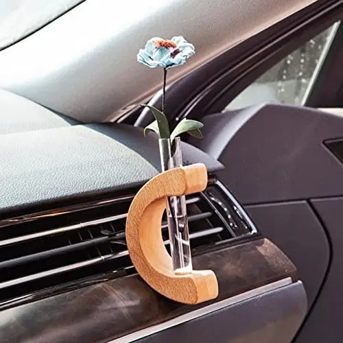 Produktbild: Wnvivi Blumenvase für Auto-Lüftungsöffnungen, C-Form, Holzsockel, Reagenzglas, Glasvase, Kleiner Innenpflanzen-Blumenbehälter für Auto-Lüftungsöffnungen(Hellbraun)