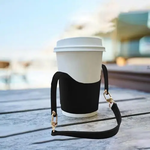 Produktbild: Wnvivi Kaffeetassenhalter aus PU-Leder, Kaffeetassenhülle mit Griff, Tragbarer, Verbrühungssicherer Kaffeebeutel Zum Aufhängen, Getränkehalter für Reisen Im Innen- und Außenbereich(Schwarz)