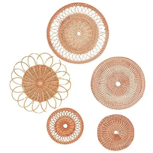 Produktbild: Wnvivi Wandkörbe Zum Aufhängen, 5er-Set, Handgewebte Boho-Korb-Wandkunst, Gewebte Rattan-Untersetzer, Rund, Rattan, Boho-Wanddekoration(A1)