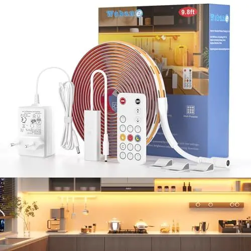 Produktbild: WOBANE COB LED Streifen Warmweisß Dimmbar, 3m 960 LEDs,Super Hell LED Strip mit Fernbedienung & Netzteil,12v Unterbauleuchte,Flexibles LED Band für Küche,Schreibtisch,Werkbank,DIY,CRI 90+,1500lm