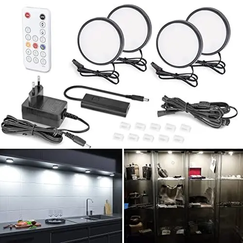 Produktbild: WOBANE Dimmbare LED Schrankleuchten, 4er LED küchenunterbauleuchte mit RF Fernbedienung,Superhell 6000K Kaltweiß Unterbauleuchte,für Küche,Schrank,Regale,Vitrinen,Kleiderschrank, Schwarz
