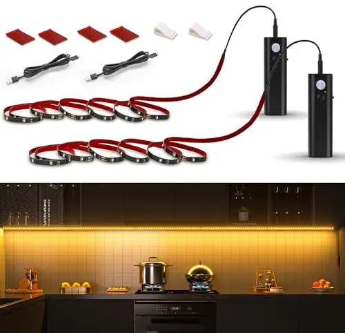 Produktbild: WOBANE LED-Streifen Mit Wiederaufladbarem Akku 2200 mAh, 2 x 2 m Mit Bewegungssensor, Für Kleiderschrank, Abstellraum, Bett, Küche, Warmweiß, 2700 K
