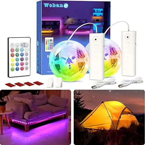 Produktbild: WOBANE RGB LED Strip Wiederaufladbar,2x2m Farbwechsel LED Band Batteriebetrieben,LED Streifen Dimmbar mit Fernbedienung,für Urlaubs Party,Schlafzimmer,Sofa,Schrank,TV,Küche,DIY Innendekoration,2000mAh