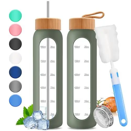 Produktbild: Wobeny 32oz Glas-Wasserflasche mit Zeitmarkierung - 1000ml große motivierende Wasserflasche mit 2 Bambusdeckeln, 1 Liter Flasche für Fitness mit Edelstahlstrohhalm & Silikonhülle (Grün)