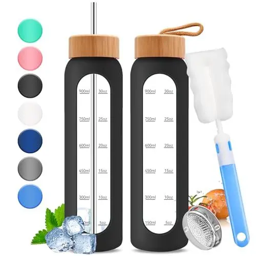 Produktbild: Wobeny 32oz Glas-Wasserflasche mit Zeitmarkierung - 1000ml große motivierende Wasserflasche mit 2 Bambusdeckeln, 1 Liter Flasche für Fitness mit Edelstahlstrohhalm & Silikonhülle (Schwarz)
