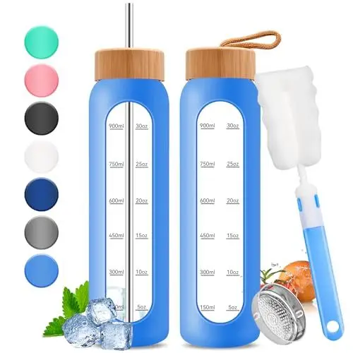 Produktbild: Wobeny 32oz Glas-Wasserflasche mit Zeitmarkierung - 1000ml große motivierende Wasserflasche mit 2 Bambusdeckeln, 1 Liter Flasche für Fitness mit Edelstahlstrohhalm & Silikonhülle (Grau)