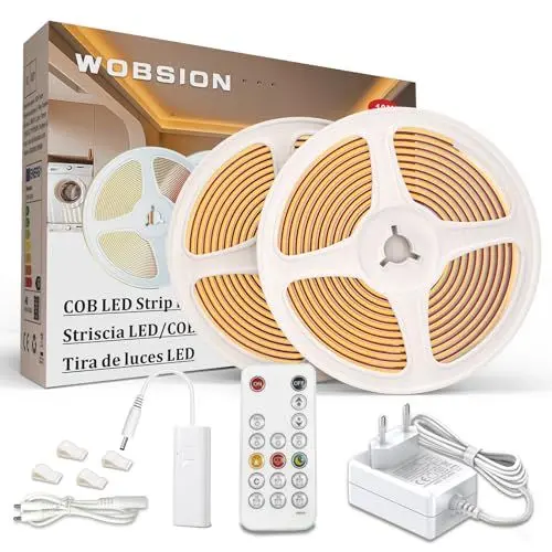 Produktbild: WOBSION 10M LED Streifen Warmweiß mit Netzteil und Fernbedienung,CRI92 COB Band für Home,3mm Dünn Stripe Light with 320 LEDs/M,Flexibel Helles 24V DIY Lichtleiste 3000K,Strip Geeignet Indoor