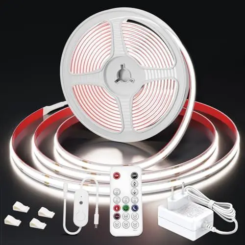 Produktbild: WOBSION 5M LED Streifen Kaltweiß Kit mit Netzteil und Fernbedienung,CRI92 COB Band für Home,3mm Dünn Stripe Licht with 320LEDs/ M,Flexibel Helles 24V DIY Lichtleiste 6000K,Strip Geeignet Indoor