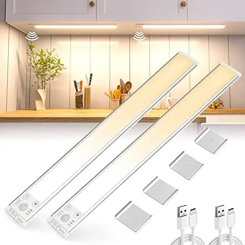 Produktbild: wobsion 40CM×2PCS LED Unterbauleuchte Küche kabellos Dimmbar,138 Led Schrankbeleuchtung Mit Bewegungsmelder,2200mAh USB Wechselbare Farben Warmweiß/Neutralweiß/Weiß für Kleiderschrank Beleuchtung