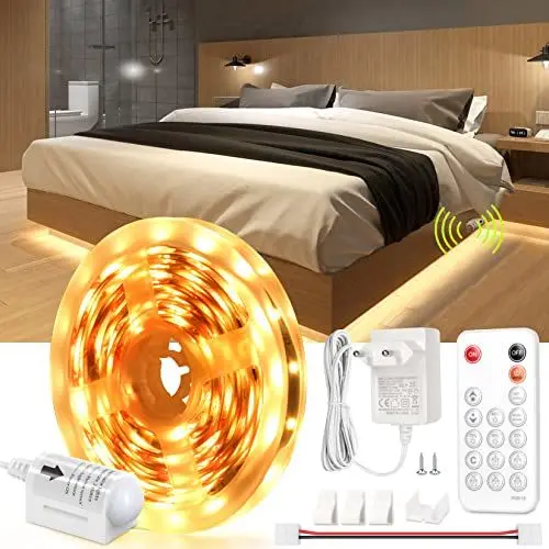 Produktbild: wobsion 5M Led Streifen Mit Bewegungsmelder,Led Bettlicht Mit Fernbedienung,Led Band Dimmbar Superhell 12V Led Streifen Warmweiß 300 LEDs,3000K Led Leiste Warmweiss Für Treppenbeleuchtung,Küche,Flur