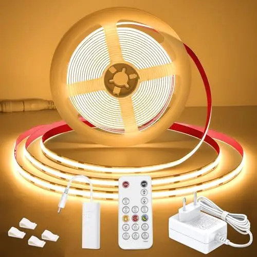 Produktbild: WOBSION 5M LED Streifen Warmweiß mit Netzteil und Fernbedienung,CRI92 COB Band für Home,3mm Dünn Stripe Light with 320 LEDs/M,Flexibel Helles 24V DIY Lichtleiste 3000K,Strip Geeignet Indoor