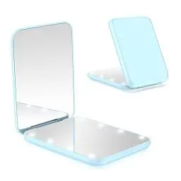 Produktbild: wobsion LED Spiegel mit 1X / 3X Vergrößerung,Kleiner Reisespiegel mit Licht für Beleuchtung,Batteriebetrieben Taschenspiegel für Reise und Makeup,Tragbarer Handspiegel als Geschenk,Blau