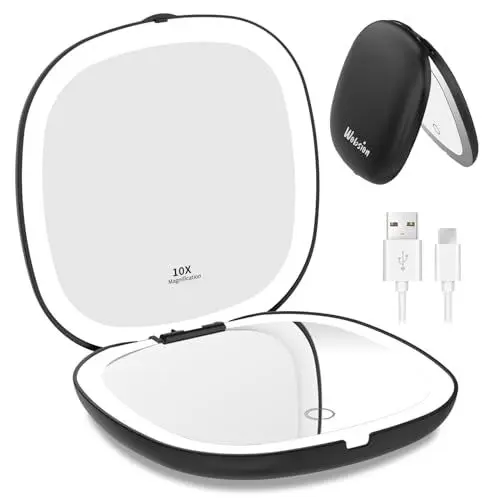 Produktbild: wobsion LED Taschenspiegel mit 1X/10×Vergrößerung und Beleuchtung,USB Wiederaufladbarer Tragbarer Kleiner Reisespiegel mit Licht,750mAh Dimmbarer Zweiseitiger Handspiegel für Makeup,Schwarz