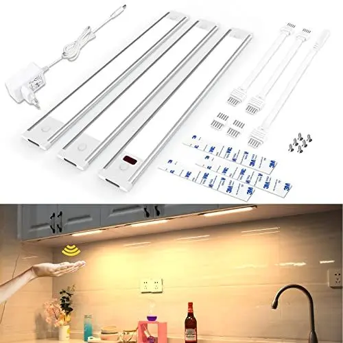 Produktbild: wobsion LED Unterbauleuchte Küche Dimmbar mit Berührungsloser Sensor,Warmweiß Unterbau Lichtleiste für Unterschrank Beleuchtung,3000k Ultra Dünn Lampe für Küchenschrank,Werkbank,30 CM×3PCS,840LM