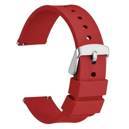 Produktbild: WOCCI 16mm Silikon Gummi Uhrenarmband mit Silberner Schnalle, Schnellverschluss Armband für Damen und Herren (Rot)
