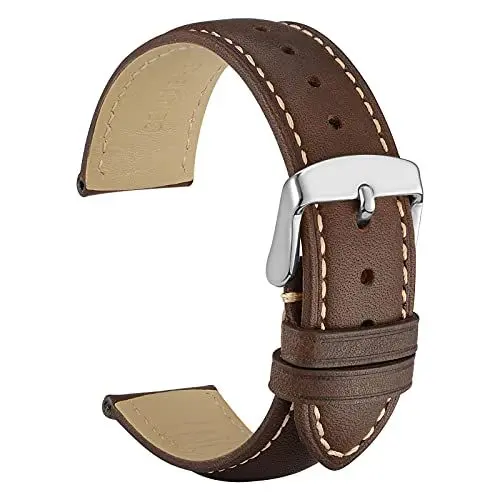 Produktbild: WOCCI 20mm Vintage Leder Uhrenarmband mit Edelstahl Silber Schließe (Dunkelbraun mit Beige Nähten)