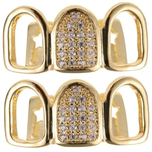 Produktbild: WOFASHPURET 3 Sätze goldene Zirkon-Zahnspange Goldzahngitter Grillzähne für Männer Eye-catching Zahnschmuck Einfache Reinigung von Zahnschmuck Grills für Hochzeiten Grills für Partys Kupfer