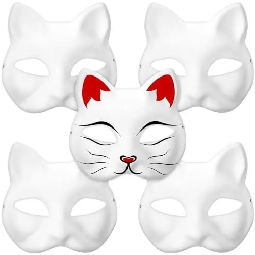 Produktbild: WOFASHPURET 5 Stück DIY Weiße Katzenmasken Handgemalte Weiße Papiermasken Leere Fuchsmaske Unbemalte Papiermasken Diy-Bemalte Für Maskerade Karneval, Cosplay, Halloween Party