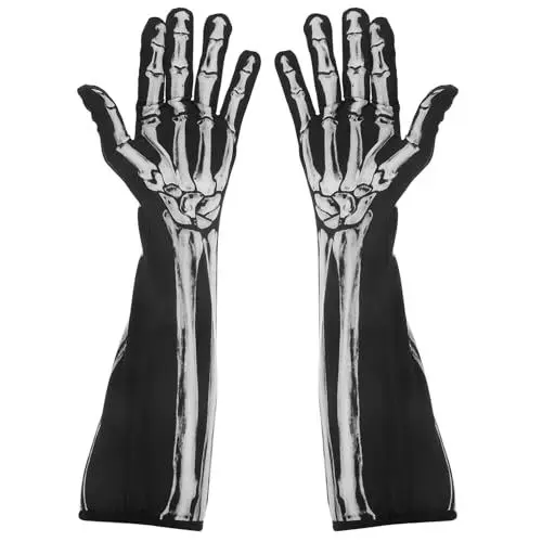 Produktbild: WOFASHPURET Weiße Skelett Handschuhe, Halloween Knochen Hände, Schädel Geist Lange Dehnbare Vollfingerhandschuhe, Kostümzubehör Party Supplies