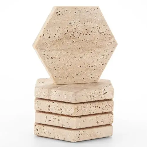 Produktbild: WOHER Natürlich Travertin Stein Marmor Untersetzer 5 Stück, Untersetzern mit Korkboden für Teetassen, Kaffeetassen, Weingläser, für Haus, Bar und Büro,Beige Weiß(DL009)