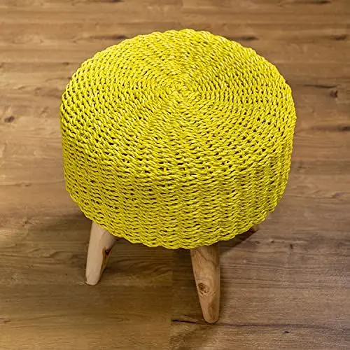 Produktbild: wohnfreuden Sitz-Hocker Bubut 40x40x45cm Teakholz und Seegras Stuhl gelb