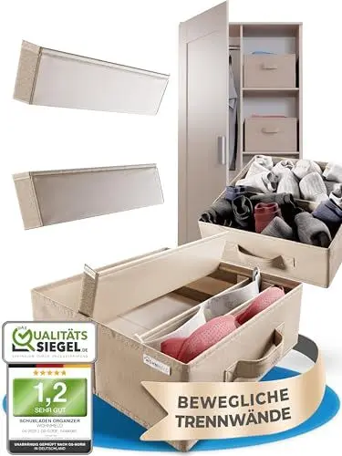 Produktbild: WOHNHELD® Schrank & Schubladen Organizer (+10 Bewegliche Trennwände) 30x30x11 cm (LxBxH) 2 Stück - Aufbewahrungsbox Beige - Ordnungssystem Kleiderschrank Pax Kommode Schubladenbox - Boxen Aufbewahrung