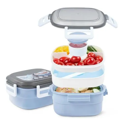 Produktbild: Wohntec Salatbehälter Bento Box, 1600 ML Salatbox für Erwachsene Kinder mit Kühlakku, Göffel und Dressingbehälter, 4 Fächern Lunchbox, Auslaufsicher Brotdose für Schule Büro Picknick, Blau