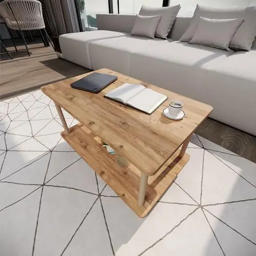 Produktbild: Wohnzimmertisch, Sofatisch aus Holz in Eiche-Optik, Beistelltisch, Kleiner rechteckiger Couchtisch, Bücherregal, Blumenregal, Dekoregal, Küchentisch, Esstisch, Bürotisch, Schreibtisch, Kaffeetisch