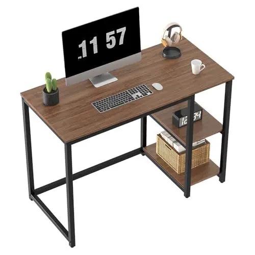 Produktbild: WOHOMO Computerschreibtisch, PC-Tisch, 100cm Kleiner Bürotisch mit Stauraum für Home Office, Rustikales Braun,Walnuss