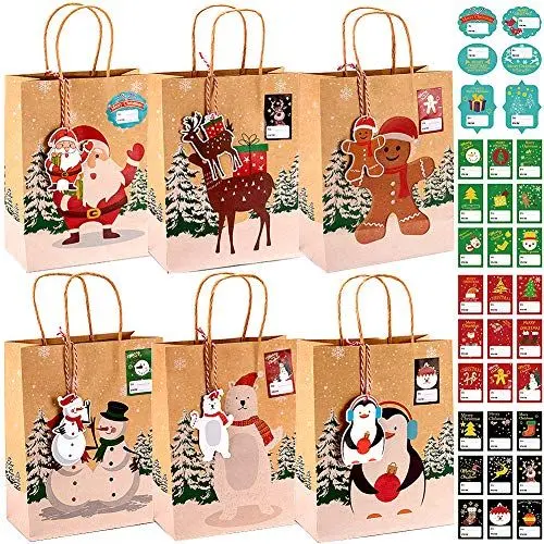 Produktbild: wohot 24 Stück Geschenktüten Weihnachten, Kraft Papiertüte mit Griff + 24 Weihnachtsanhänger + 33 Weihnachtsaufklebern, Weihnachten Plätzchentüten Süßigkeitentüten