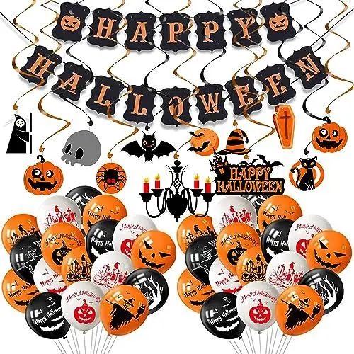 Produktbild: wohot 81pcs Halloween Deko Set, Halloween Girlande, Halloween Luftballon, Halloween Hängende Wirbel Dekoration, Halloween Zubehör Halloween Party Deko