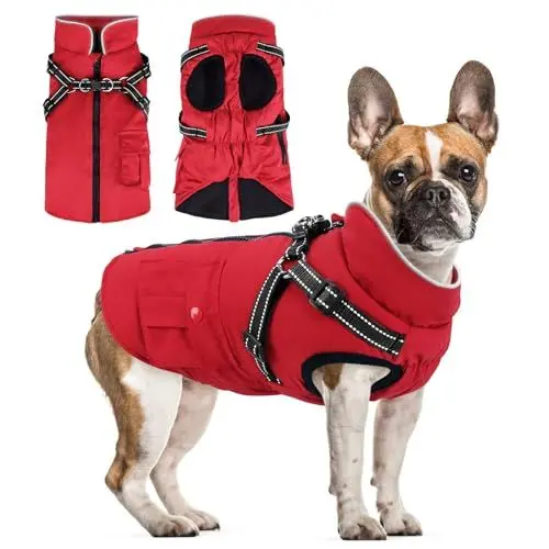 Produktbild: Woiil Hundejacke Hundemantel für Grosse Hunde Warmer Winter Wasserdicht Hundejacke Winddichter Wintermantel kuschelige Reflektierend Hundejacke Ärmellose mit Geschirr Outdoor Rot L