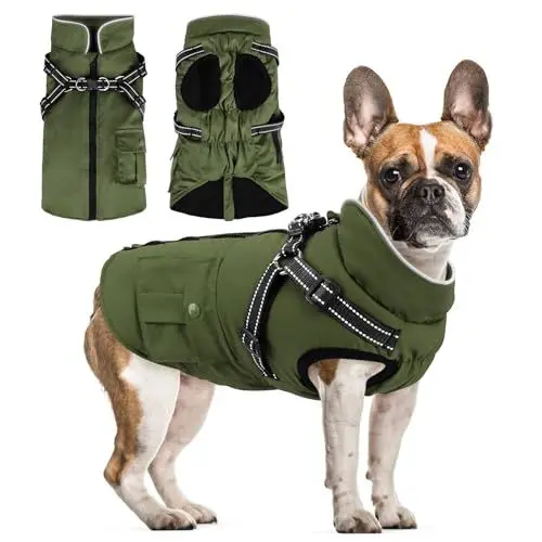 Produktbild: Woiil Hundemantel für Grosse Hunde Warmer Winter Wasserdicht Hundejacke Winddichter Wintermantel kuschelige Reflektierend Ärmellose mit Geschirr Outdoor Armeegrün L