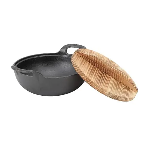 Produktbild: lvifloae Wokpfanne GusseisenWok mit 2 Griffen, Holzdeckel, holidyoyo gusseisen Bratpfanne mit flachem Boden, WokPfanne mit Deckel unbeschichtet, zum Rhren Frittieren Grillen (20cm)